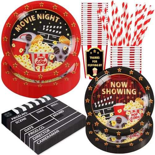 BOIKOKY Decoración de fiesta de cumpleaños de noche de cine, 120 piezas de suministros de fiesta temática de noche de cine, vajilla desechable para aperitivos, incluye platos de papel, servilletas,