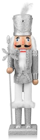 ArlinaL Wooden Christmas Soldier Nutcracker Decorations, 15 Inch Nutcracker Figure Christmas Decor for Shelves and Tables (Silver)