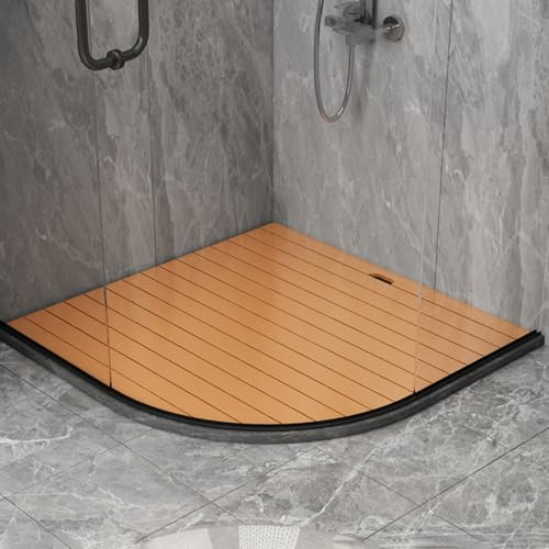 Holz Badematte Duschmatte mit Holzmaserung und Ventilator, rutschfeste PS-Badezimmer-Duschmatte mit Breiten Lamellen, Wasserdichtes Badewannen-Fußpedal für Schwimmbad/Hinterhof/Balkon(Yellow,40cm/