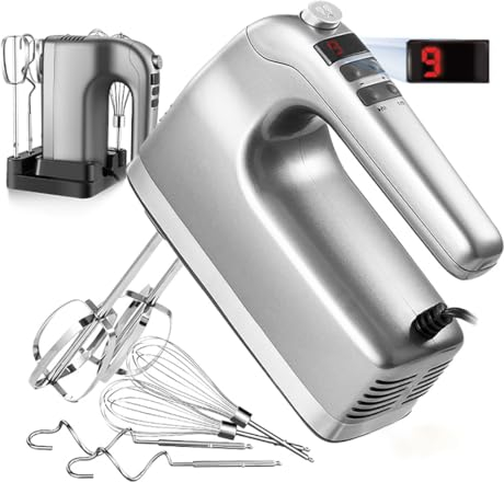 Hand Mixer, 9 Speed ​​Electric Small Stainless Steel Mixer, 400W High Power, with Storage Base, Eject Button, Beater and Dough Hook, Whisk for Baking Cake Egg Cream Food Mixer