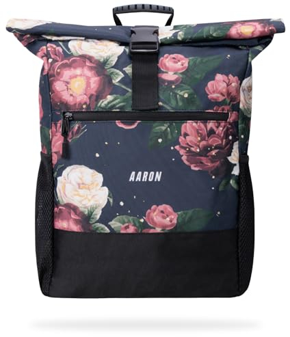 AARON Rolltop Rucksack Damen, mit Laptopfach, inkl. AirTag Halter, Daypacks, Rollrucksack aus recycletem PET für UNI, Reisen, Alltag, Rolltop Backpack mit Blumenmuster