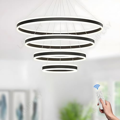 LAMPLAY Runde Moderne LED-Pendelleuchte, 4 Schwarzer Ring-Kronleuchter, Dimmbar Mit Fernbedienung 3000K-6000K Deckenleuchte, Höhenverstellbar, Wohnzimmer, Schlafzimmer, Esszimmer(Ø20+40+60+80cm)