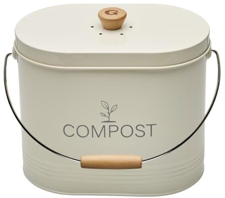 Komposteimer, 7 l, oval, Kohlefilter, geruchshemmend, Stahl, beige lackiert, Holzgriff, Komposter für Küche, große Kapazität, Design 040633