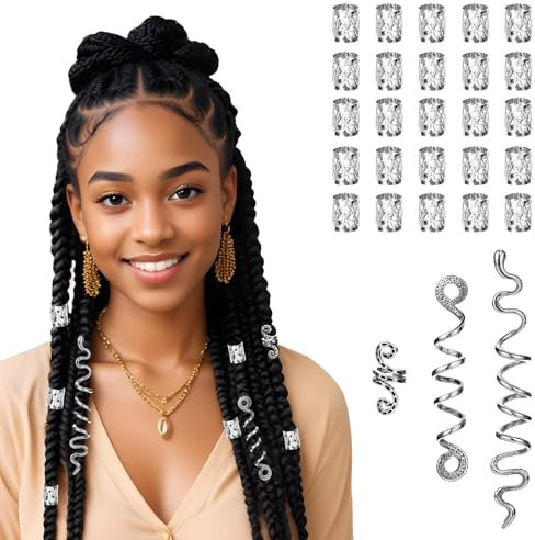 JJUNW 28 Stück Dreadlocks Schmuck, Verstellbar Haarspiralen Clips Braids Schmuck Metall Cuffs Haar Flecht Ringe Perlen Haarschmuck für Damen Männer Zöpfe Dekoration Dreadlocks Zubehör(Silber)