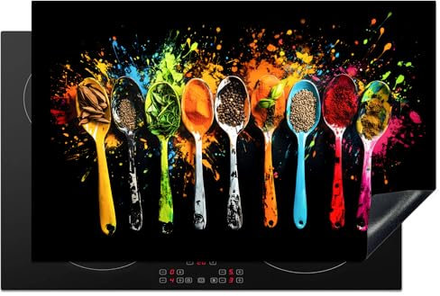 KitchenYeah© Herdabdeckplatte 80x52 cm Einteilig Herdabdeckung Abdeckplatte für Ceranfeld Abdeckung Induktionskochfeld Aufrollbare Matte Löffel - Gewürze - Modern - Graffiti - Farbenfroh