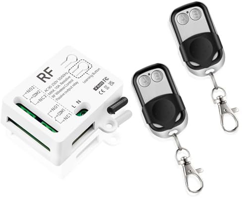 Relè di Radiocomando Interruttore di comando a distanza 433 MHz 220V 230V 2 Canali,Ricevitore con 2 Trasmettitore telecomandi,Potenziale-libero contatti Controller