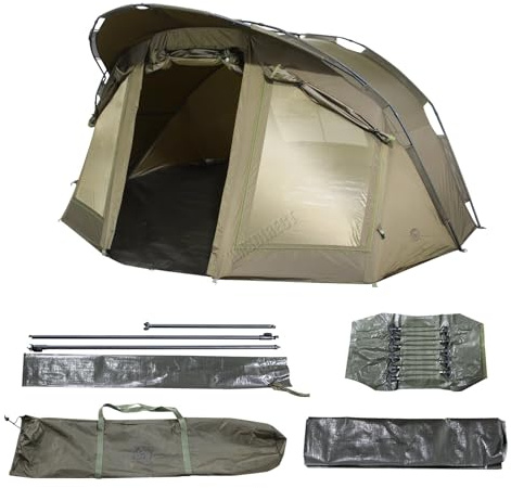CARPZILLA Fishing Bivvy 2 Mann mit Tür und Fenstern, wasserdichter 210D PU-Aluminiumrahmen, tragbarer Outdoor-Unterschlupf für Camping, Angeln, Zelt, Unterschlupf, Karpfenausrüstung, Bodenplane,