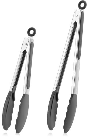 TEAMFAR Küchenzange, 2 Stück Edelstahl Grillzange Nudelzange Set, Hitzebeständig Kochzange mit Antihaft Silikonspitze, 30,3cm & 23,7cm Fleischzange zum Kochen & Grillen, Spülmaschinenfest - Grau