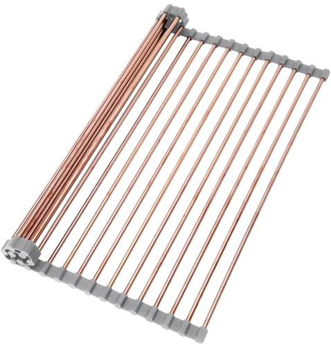 blueden 15.74 x 17 Large Roll Up Dish Drying Rack, Stainless Steel Multipurpose Foldable Dish Drying Rack with Anti-Slip Silicone for Kitchen Counter Drainer, Rose Gold