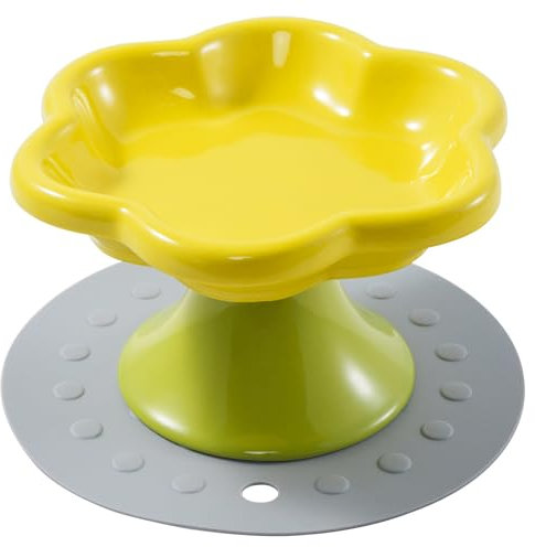 Ceramic elevated cat bowl with anti slip pad cat food container dish raised cat bowls with stand candy color cute (Yellow)