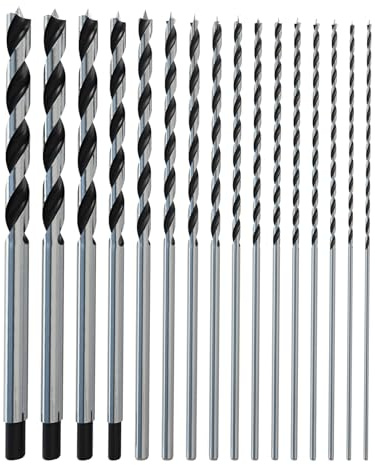 16Pcs Brad Point Wood Drill Bit Set, 12 Inch Extra Long Drill Bit Set with Double Flutes Design for Carpenter Woodworking and All Types of Wood (7/64 - 5/8)