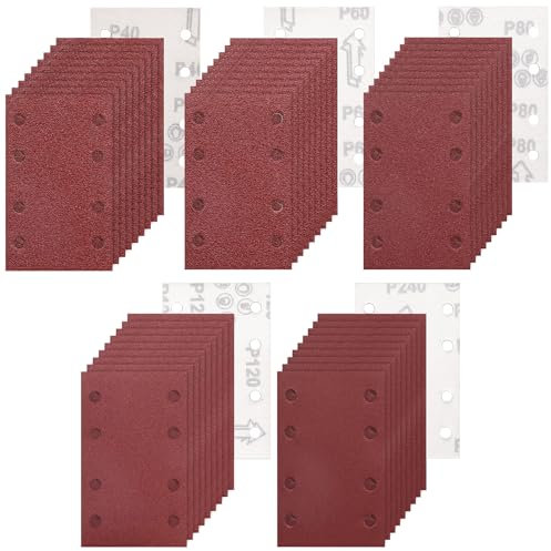 TTYSHIP® 50 Pezzi Carta Abrasiva per Levigatrice Rettangolare, 8 Fori Fogli Abrasivi Carta Vetrata 93 x 185mm, Grana 40/60/80/120/240 per Levigatrice Rettangolare
