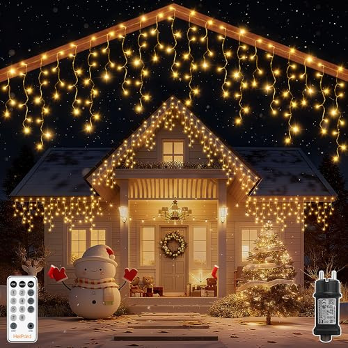 HeiPard Eisregen Lichterkette Außen, 3.38m 108 LEDs Weihnachtsbeleuchtung warmweiß mit Stecker Fernbedienung 8 modi Timer, Wasserdicht Lichtervorhang für Dachrinne Geländer Vorbau Balkon Haus Fenster