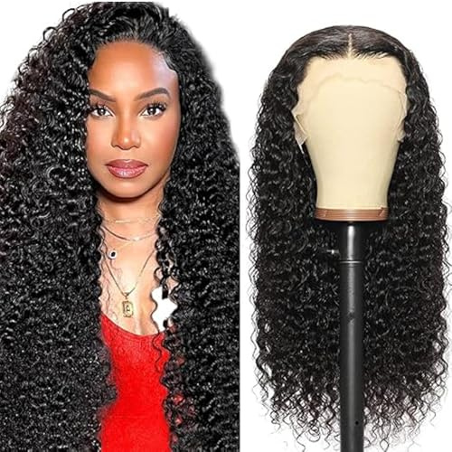 Lakaisa Curly Wave Human Hair Wig Echthaar Perücke Damen 13X1 Lace Natural Black Pre Plucked Unprocessed Remy Hair 150% Density Low Shedding Minimal Tangle for Women 20 Zoll