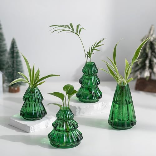 Hewory Vase Weihnachten Deko für Tischdeko: 4 Kleine Vasen Set Mini Vase Grün für Weihnachtsdeko Innen - Propagation Station Hydroponic Vasen Deko für Tischdeko Weihnachten Geschenke für Frauen