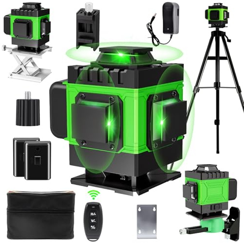 Laser Level with Tripod Self-Leveling 4 x 360°, 4D 16 Lines Lazer Level Tool with 2 x 2400mAh Batteries, Green Laser Spirit Levels with Wall Bracket, APP/Remote Control, Pulse Mode, IP54 Waterproof