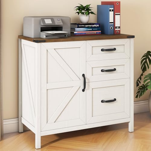 BonVache Aktenschrank mit 3 Schubladen & Tür, Büroschrank für Homeoffice | Landhausstil, Weiß, mit Verstellbaren Fächern, Große Druckerablage, A4- & Letter-Ordner, Stabil & Platzsparend