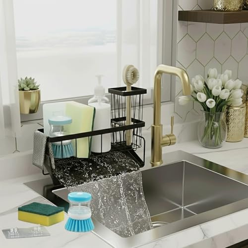 Zovra Sink Caddy For Kitchen, Stainless Steel Cleaning kitchen Sink Caddy Organiser, Sink Tidy Organizer With Removable Sponge Holder, Brush Holder, Towel and hook (Black)