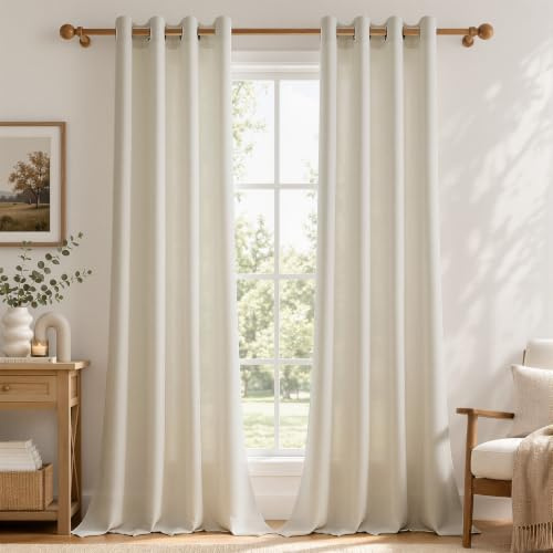CUTEWIND Boho Vorhang Leinen Landhausstil Ösenschal 2er Set H 245 x B 140 cm, Leinenoptik Gardinen mit Ösen Vintage Halbtransparent für Wohnzimmer Schlafzimmer Fenster, Beige