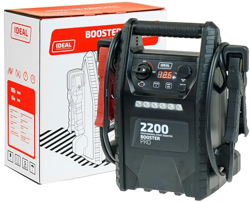 Ideal Booster 2200 Pro – Démarreur mobile d'urgence et booster sécurisé pour voitures, camions et camionnettes – 2200 A Peak, démarreur de secours 12 V, fonction de charge USB, LED OS