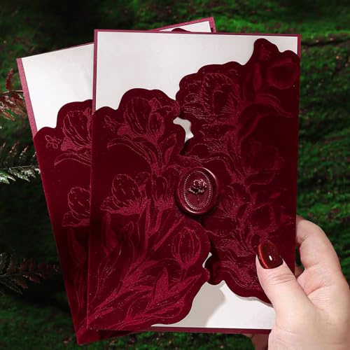 Burgundy Velvet Invitation Sleeve, Elegant Flower Jacket and Rose Wax Seals, Wedding Invitations Cover, fit 5x7 inch Cards (25pcs Velvet Sleeve + Wax Seal Only)