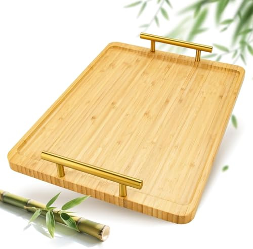 Tablett Serviertablett Bambus Holz -40x29x2cm,Stabiles und Leichtes Holz Tablett- Rechteckig Tablett Holz Serviertablett groß Serving Tray Küchen Deko Servierplatte