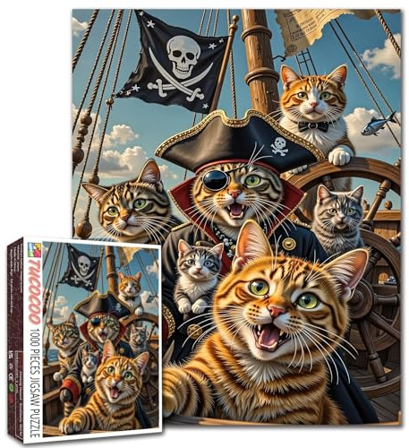Pirate Cat Puzzles Animal Pirates Jigsaw Puzzle Pirate Ship Scene Humorous Art Ocean Adventure 1000 Pieces for Adults Beginner Challenging Family Activity Games DIY Crafts Puzzle for Home Decor Gifts