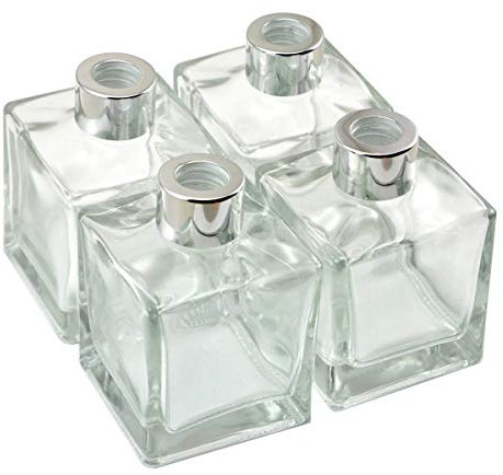 Ougual 4 pezzi Bottiglie quadrate in vetro, contenitore per oli essenziali profumati per la casa (200ML, Tappi argento)