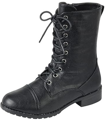 Forever Link Womens Round Toe Military Lace up Knit Ankle Cuff Low Heel Combat Boots (8.5 M US, Black)