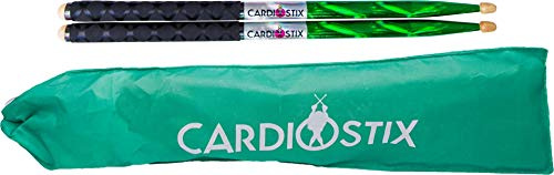 Cardiostix Bundle Plus Paire de baguettes cardio en bois de hickory américain 2B 40,6 cm de long avec poignées améliorées pour batterie, fitness, exercices (vert/argent/noir)