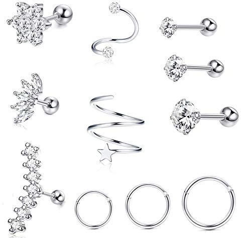 Milacolato 16-18G 11 Stücke Edelstahl Piercing Ohr Set Ohrringe Creolen Damen Helix Conch Piercings Ring CZ Tragus Stecker Ohrknorpel Piercing Schmuck Silber