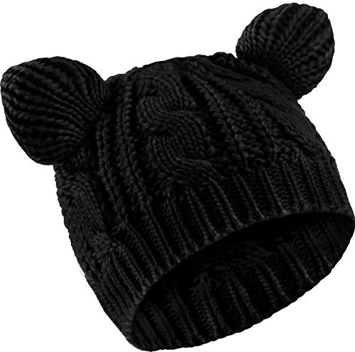 SATINIOR Niedliche Katzenohren-Beanie-Mütze, Katzen-Strickmütze, Winter-Zopfmuster für Damen, Schwarz, Medium