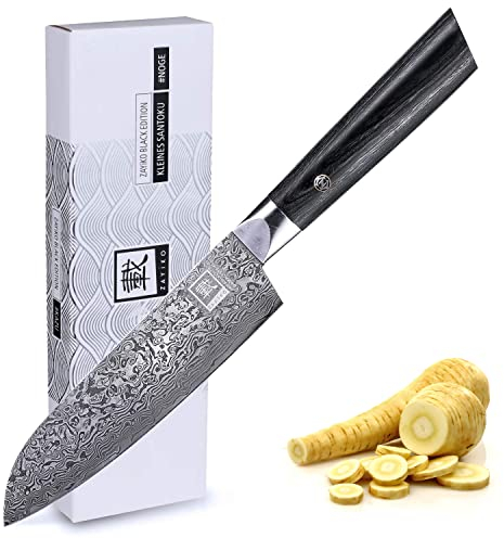 zayiko Black Edition Damastmesser kleines Santoku Messer I 13 cm Klinge aus 67 Lagen VG10 Damaststahl I Ergonomischer Pakkaholzgriff I Premium Küchenmesser für Gemüse, Fleisch & Obst I Geschenkbox