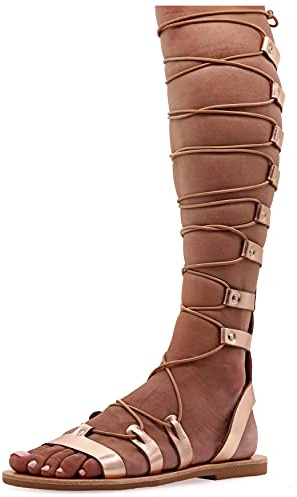 Emmanuela Sandalias de cuero de rodilla alta en estilo griego antiguo, Sandalias de gladiador planas hechas a mano con dedos abiertos, Zapatos de verano para atar, Oro rosa, 39 EU