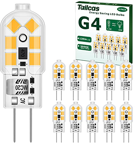 Tailcas G4 LED Light Bulb 12V, 1.2W Equivalent 10W G4 Halogen Lamps, Warm White 3000K, 120LM, No Flickering Energy Saving Capsule Bulb for Chandelier, Wall Sconce(10PCS)