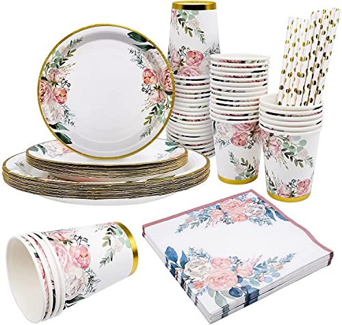 INHEMING Vaisselle de Fête,80 Pièces Floral Vaisselle Carton Jetable,Vaisselle Jetable Anniversaire Assiette Dîner Tasse Serviette Papier Paille pour 20 Invités