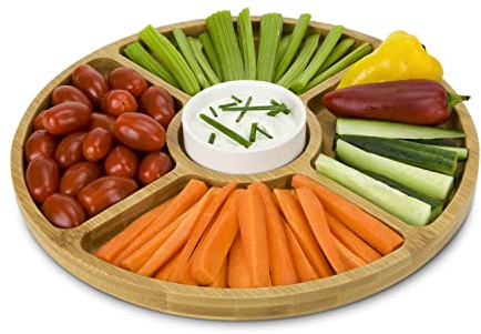 ROMINOX Geschenkartikel Servierteller // Rondo aus Bambus im Set mit einem Keramik-Dipschälchen, praktische Unterteilung in 4 Snackfächer, Snacks, Antipasti oder Tapas mit Dips; ca. 28 x 28 x 3.5 cm