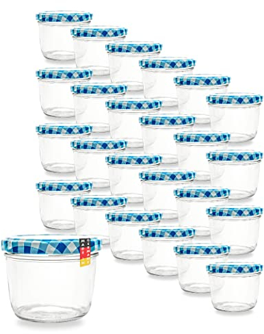 Flaschenbauer 24er Set Premium Sturzgläser 230 ml – Vielseitige Marmeladengläser & Einmachgläser mit farbigem Twist-Off-Deckel, inklusive Etiketten. Ideal für Suppen, Dips, Tee, Kräuter (Blau-Kariert)