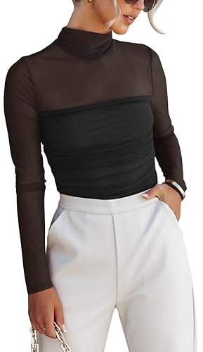 REORIA Women Fall Sexy Mock Turtle Neck Long Sleeve Sheer Mesh Slim Fit Ruched Trendy Going Out Leotard Bodysuits Tops Black Large