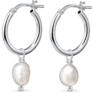 Amberta Frauen 925 Sterling Silber Süßwasser Perlen Ohrringe: Creolen mit 12 mm Perlen - Silber