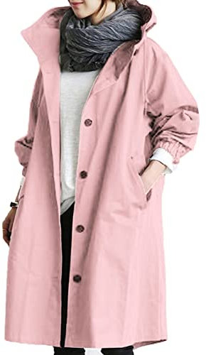 FNKDOR Femme Hiver Ample Manteau Imperméable Blouson à Capuche Coupe-Vent Outwear Longues Trench Manches Longues avec Cordon De Serrage Button Oversize Parka(Rose,5XL)
