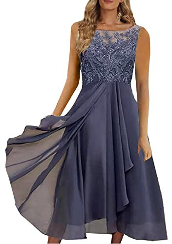 Vimoli Robe de Cocktail Femme Taille Haute Robe de Soirée Bal en Dentelle Mousseline Chic Col en V Manche Courte Demoiselle Honneur pour Fête Cérémonie Anniversaire Mariage Robes(D Violet,3XL)