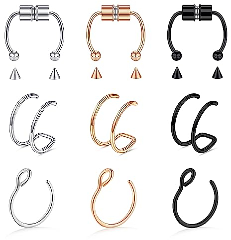 9 Pièces Faux Anneaux de Nez,Kucheed Anneau de Nez Faux Septum Magnétique Double Cerceau,20G Anneau de Faux Nez en Acier Chirurgical Cerceaux Anneau de Septum D'oreille,Helix Cartilage Perçant Bijoux