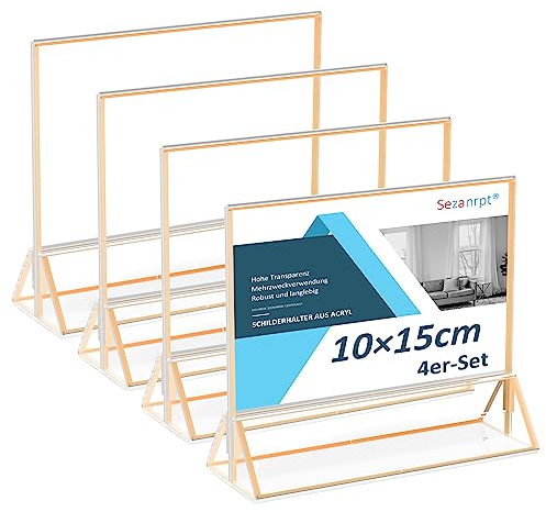 Sezanrpt Acryl Tischkartenhalter Goldrand 10x15 Horizontal 4 Pack, Klare Bilderrahmen Gold, Acryl Schildhalter Goldrand für Restaurant-Menü-Anzeige, Hochzeit Tischnummern