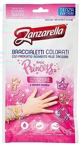 Zanzarella, 25 pulseras antimosquitos Magic Princess 100% de silicona reciclable con repelente de mosquitos a base de aceites naturales, activos hasta 12 horas, con 5 diseños de colores, talla única