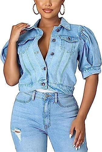 QLXYYFC Casual Short Sleeve Cropped Jean Jacket Women Puff Sleeve Denim Jacket Button Down Crop Denim Jacket (Color : Blue, Size : M)
