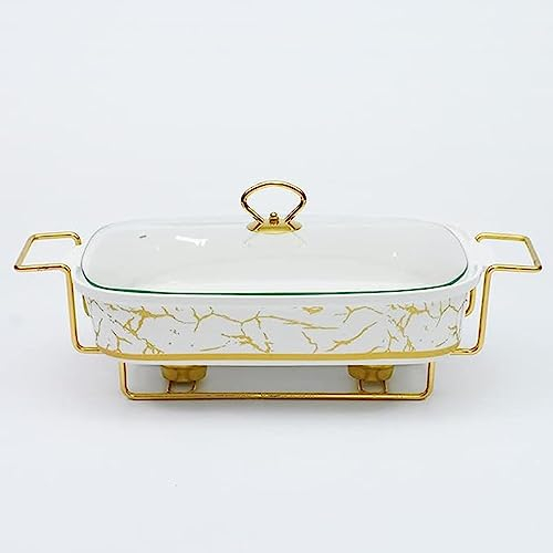 SHAVERUSH Plateaux Chauffants rectangulaires en Porcelaine pour Aliments, réchauds en céramique et Ensembles de Chauffe-Buffet, Ensemble de Buffet en céramique, Plats de Service plaqués Or (1.2L)