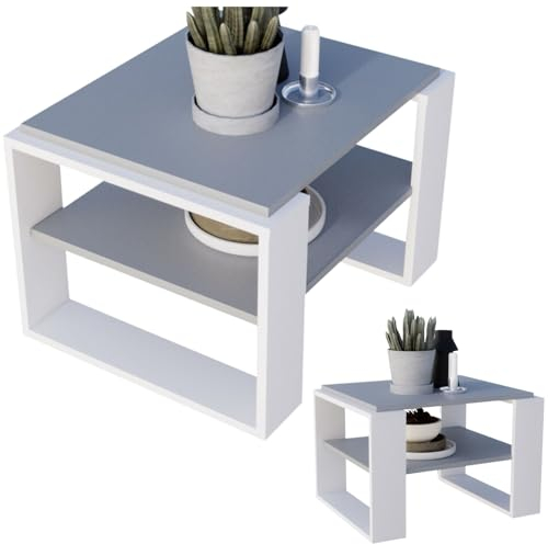 CraftPAK Wohnzimmer Tisch für Couch aus hochwertigem Holzwerkstoff, Stabiler & moderner Couchtisch mit zusätzlicher Ablagefläche, Model Kaja 63, Farbe Grau-Weiß