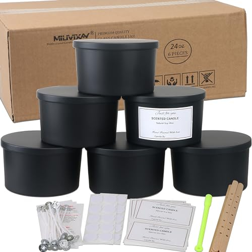 MILIVIXAY Lot de 6 pots à bougies de 680,4 g avec couvercles en métal et kits de fabrication de bougies – Pots à bougies à 3 mèches, récipients en verre épais noir mat pour grandes bougies – récipient