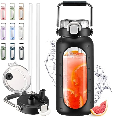 HYDRAGLAZIC 2L Verre Gourde avec paille et marqueur de temps Motivationnel Bouteille avec manchon en silicone Large bouche Borosilicate Cruche d'eau Sans BPA Anti-fuite, Noir